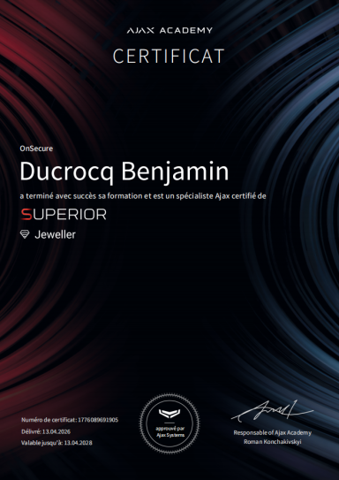 Certification Ajax System Superior Jeweller